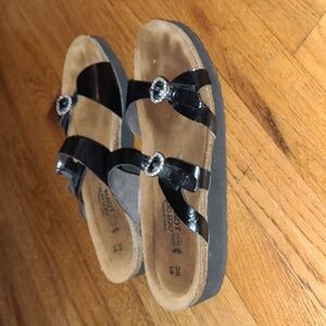 NAOT Kate Women Sandals, Black Patent Leather, Size 39.